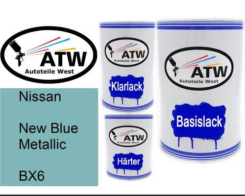 Nissan, New Blue Metallic, BX6: 500ml Lackdose + 500ml Klarlack + 250ml Härter - Set, von ATW Autoteile West.